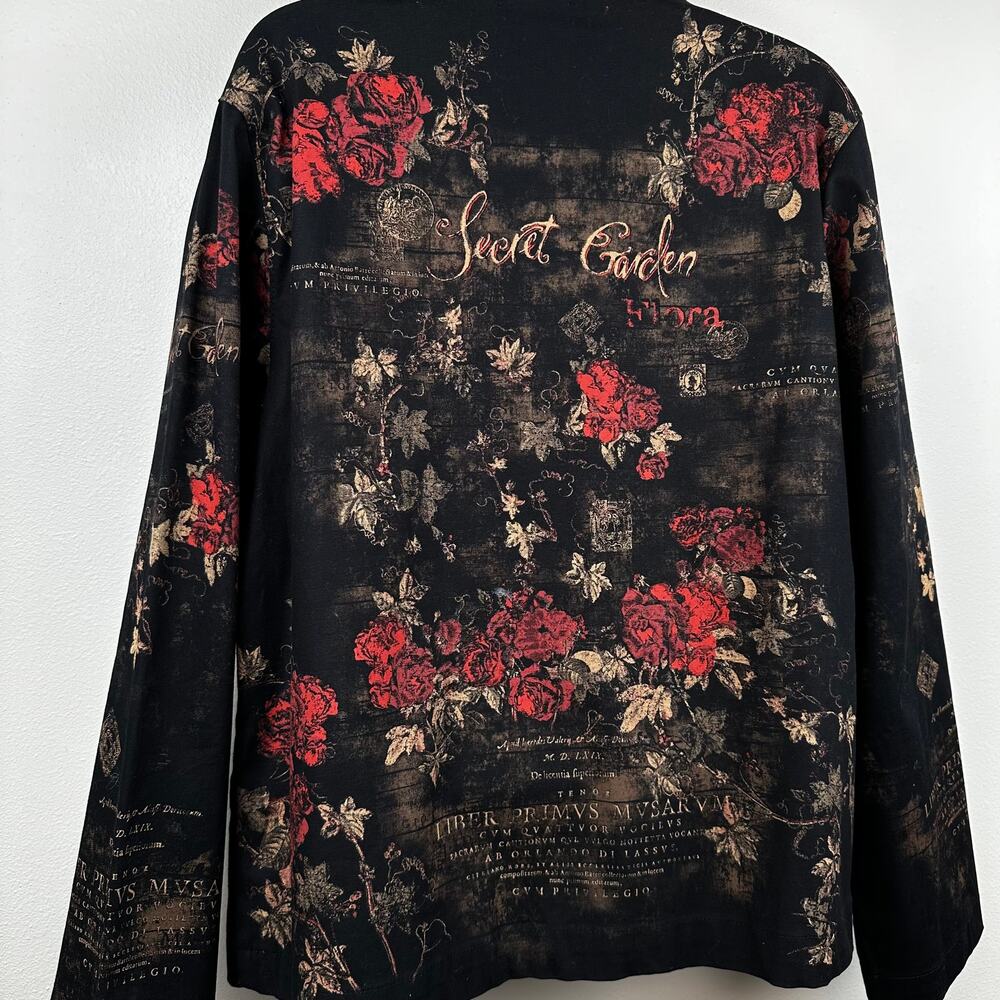 VTG Cactus Jacket Blazer Full Zip Secret Garden Floral Rinestones Black L Artsy - Picture 9 of 13